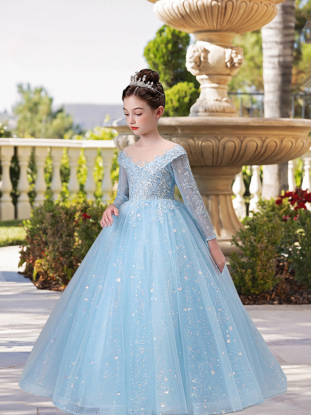 Boat Neck Long Sleeve Floor-Length Lace/Tulle/Sequins Ball Gown/Princess With Appliques Girls Gidiondress