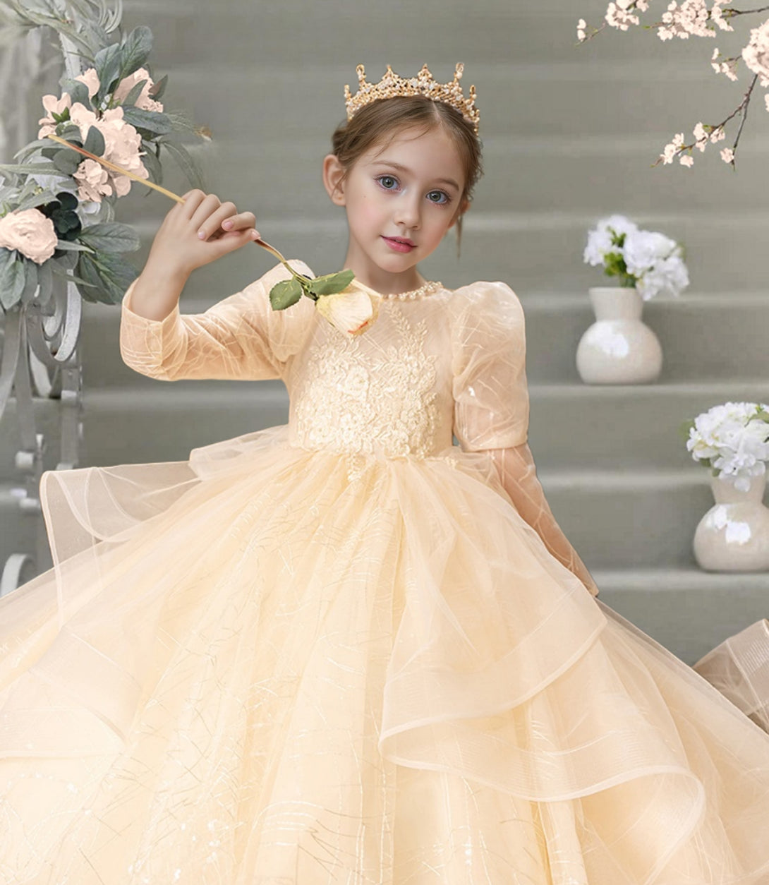 Princesss/Ball Gown Boat Neck Long Sleeve Floor-Length Tulle/Lace Holiday＆Christmas Dresses With Pleated/Beads Girls Gidiondress