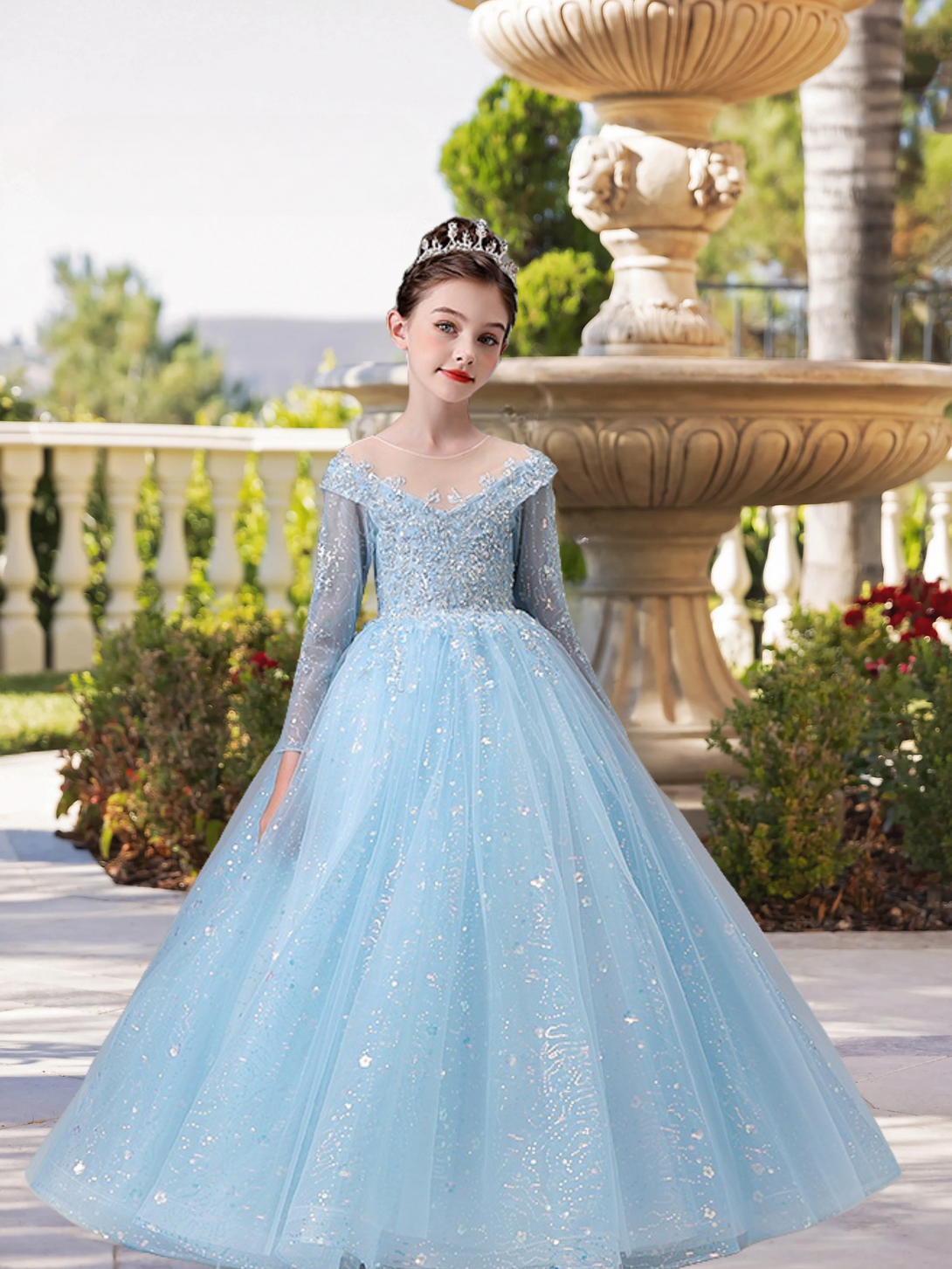 Boat Neck Long Sleeve Floor-Length Lace/Tulle/Sequins Ball Gown/Princess With Appliques Girls Gidiondress