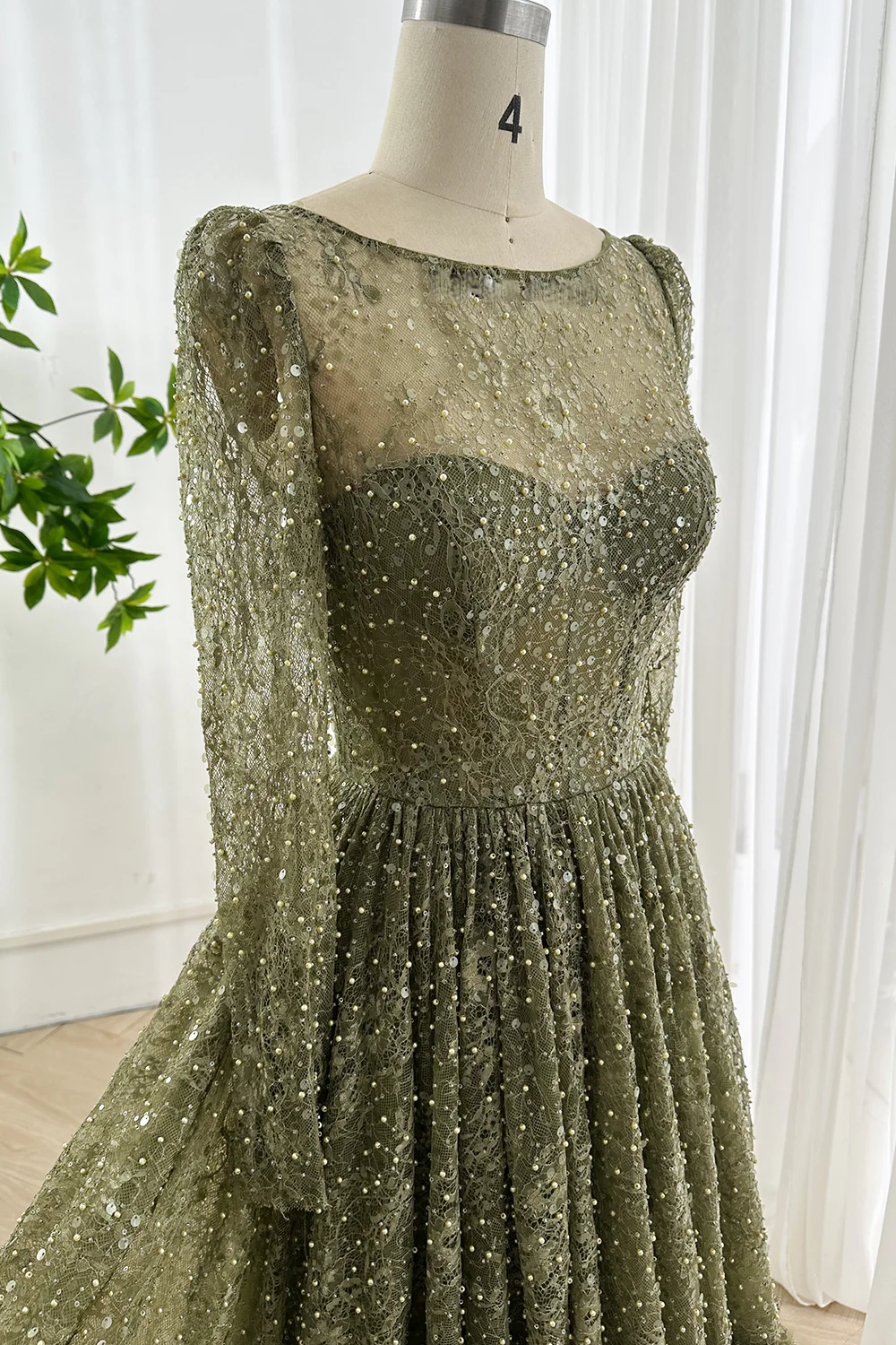 Olive Green Prom Dress Long Sleeve Sequin Lace Midi Dress Evening Party dress BabaMila