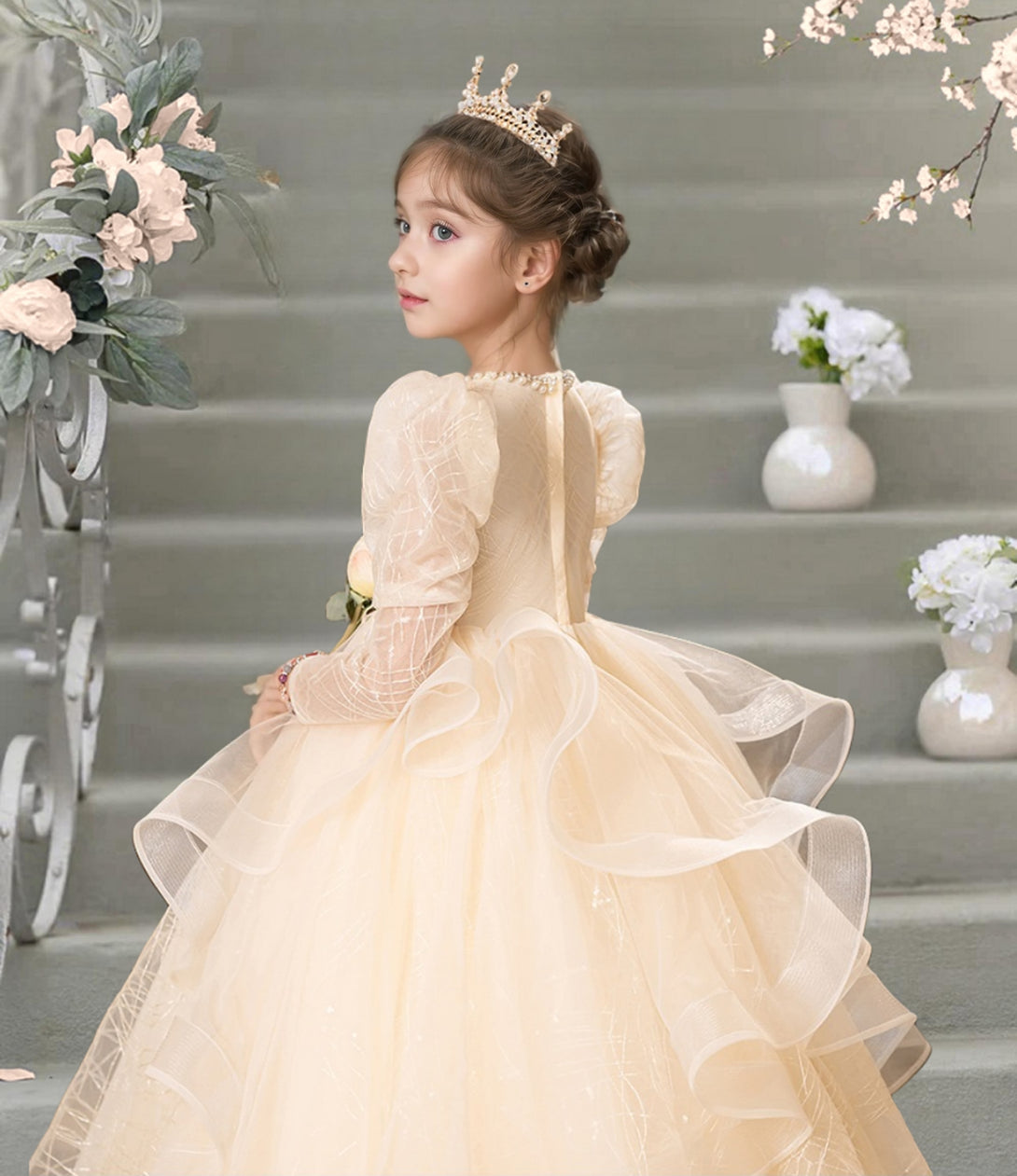 Princesss/Ball Gown Boat Neck Long Sleeve Floor-Length Tulle/Lace Holiday＆Christmas Dresses With Pleated/Beads Girls Gidiondress