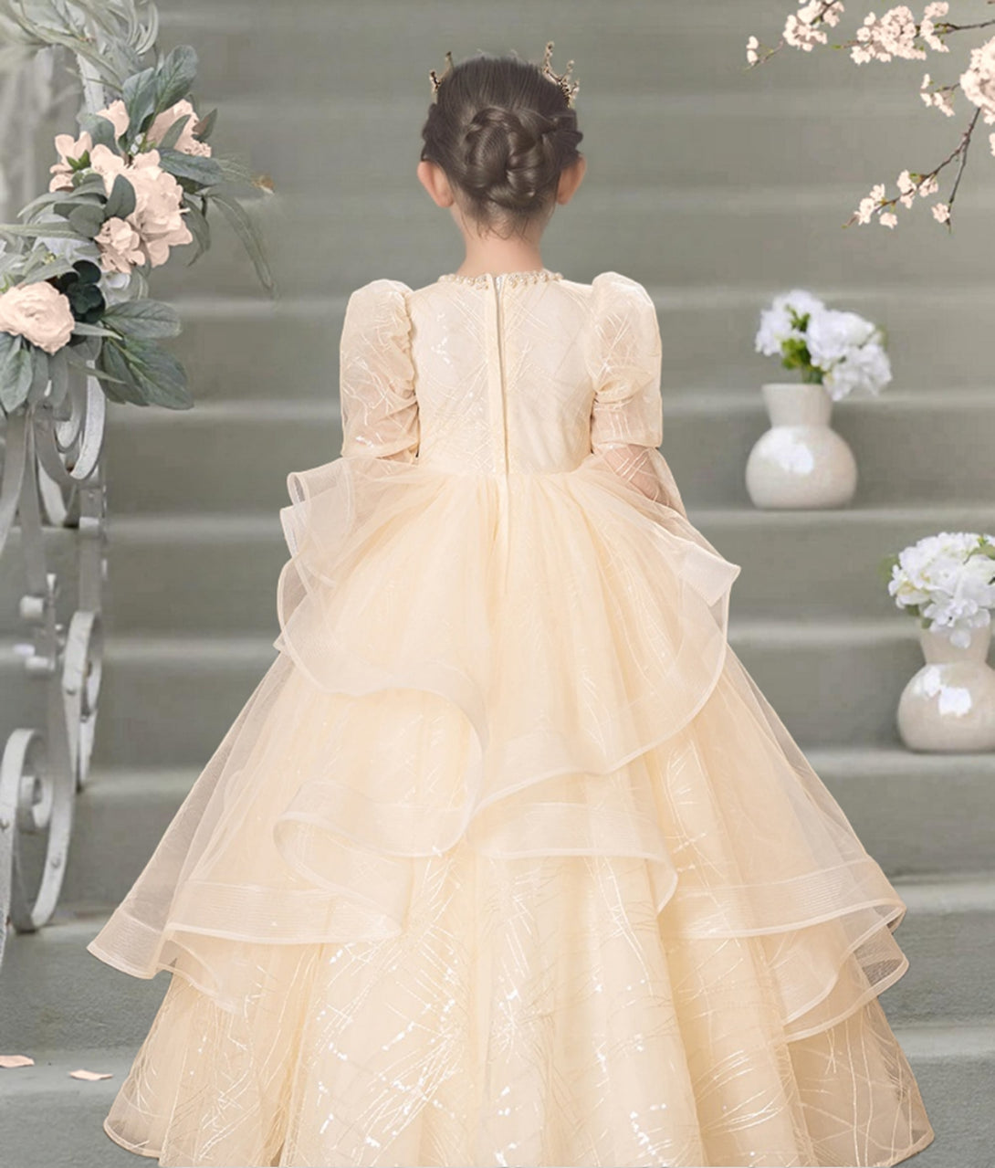 Princesss/Ball Gown Boat Neck Long Sleeve Floor-Length Tulle/Lace Holiday＆Christmas Dresses With Pleated/Beads Girls Gidiondress