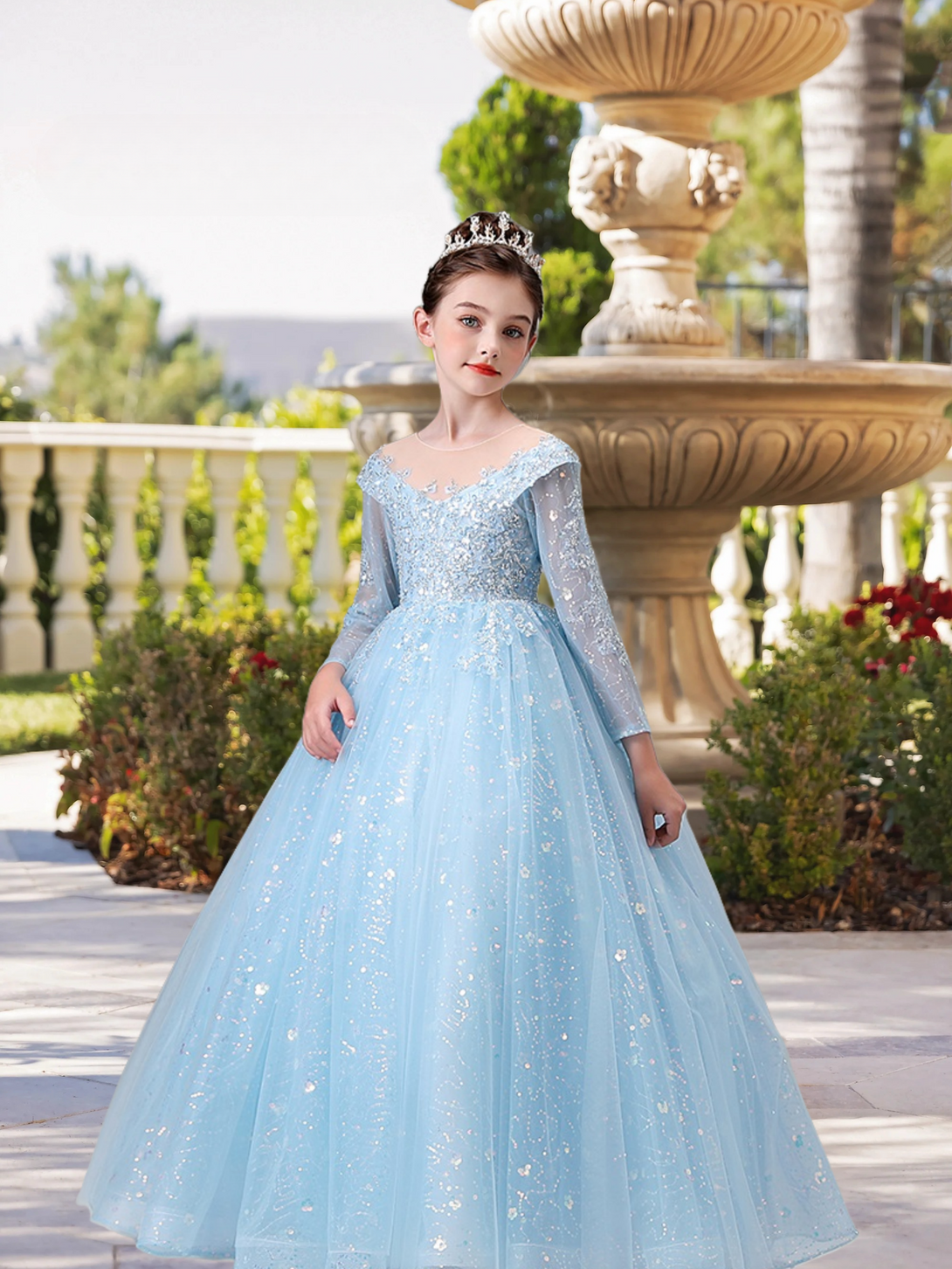 Boat Neck Long Sleeve Floor-Length Lace/Tulle/Sequins Ball Gown/Princess With Appliques Girls Gidiondress