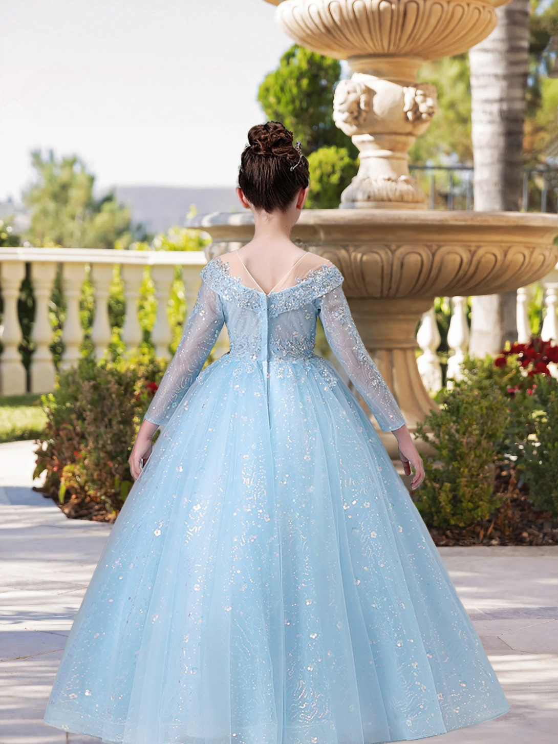 Boat Neck Long Sleeve Floor-Length Lace/Tulle/Sequins Ball Gown/Princess With Appliques Girls Gidiondress