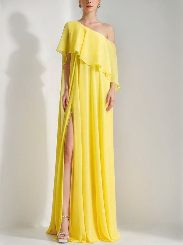 A-Line/Princess One-Shoulder Cape Prom Dresses with Ruffles/High Split BabaMila