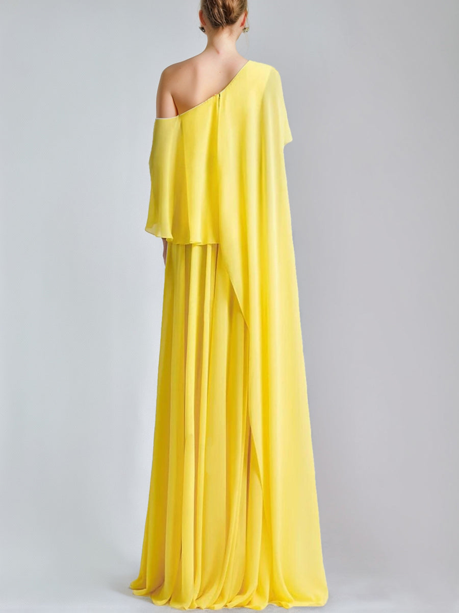 A-Line/Princess One-Shoulder Cape Prom Dresses with Ruffles/High Split BabaMila
