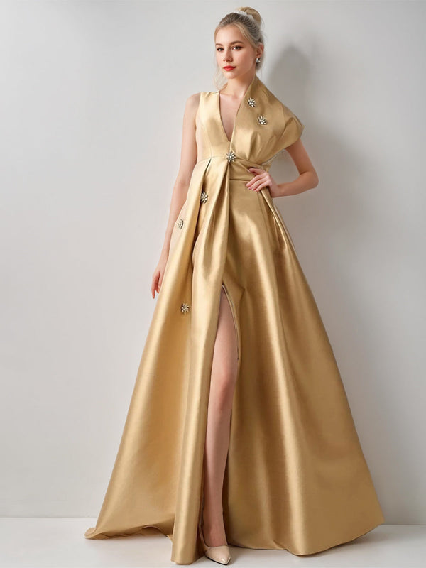 A-Line/Princess Asymmetrical V-Neck Sleeveless High-End Evening Dresses with High Split/Beadings/Pocket BabaMila