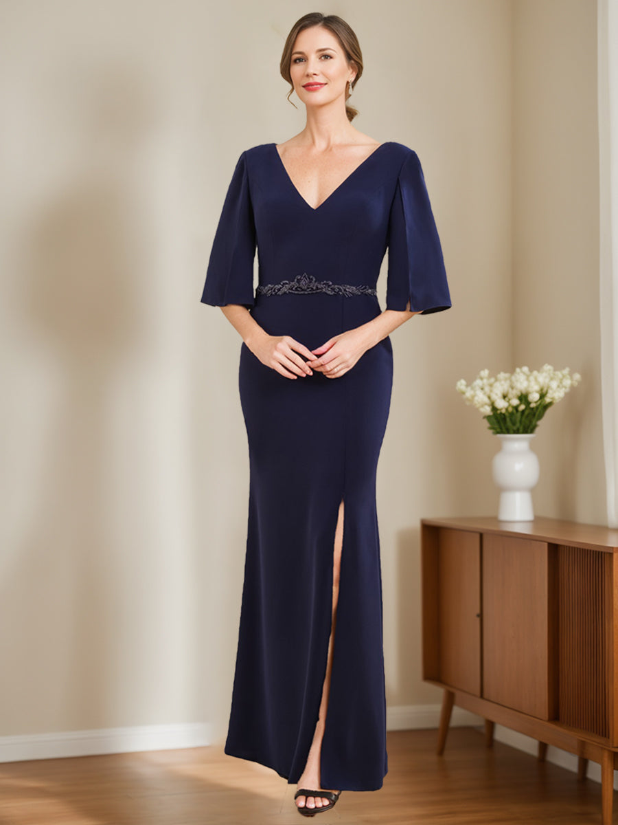 Sheath/Column V-Neck Half Sleeves Mother Of The Bride & Groom Dresses With Appliques & Split Side BabaMila