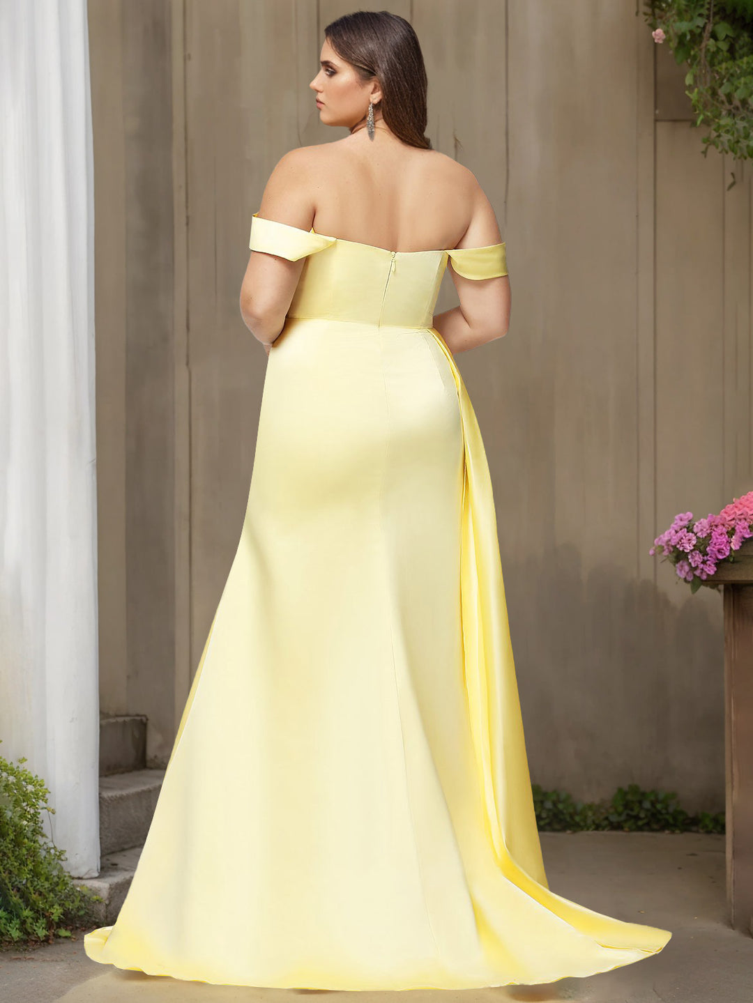 Trumpet/Mermaid Off-the-Shoulder Floor-length Plus Size Satin Prom Dresses with Split Side/Watteau Train BabaMila