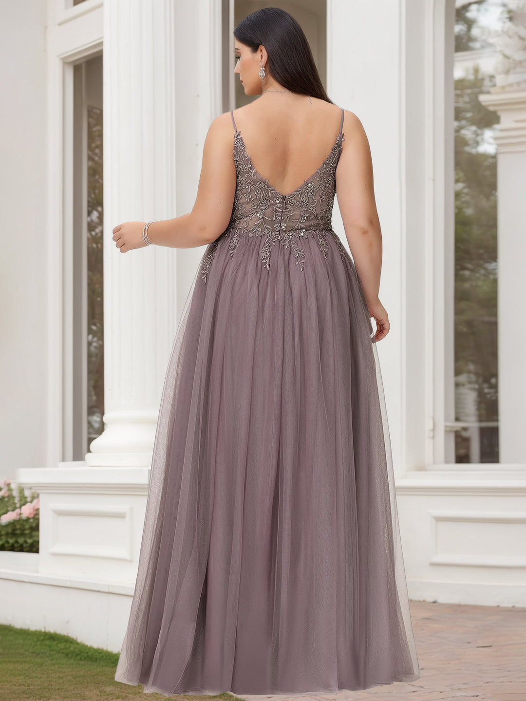 A-Line/Princess V-Neck Sleeveless Floor-Length Lace Tulle Plus Size Prom Dresses With Beads/Sequins BabaMila