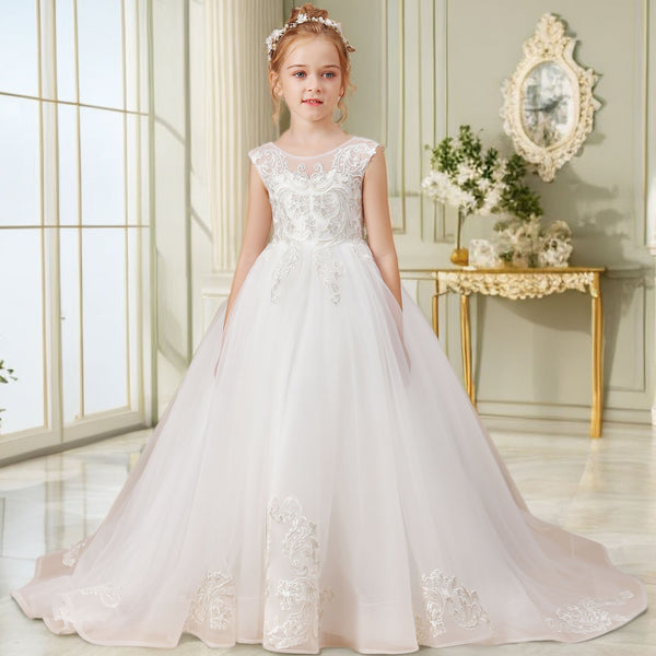 Ball Gown/Princess Sleeveless Scoop Neck Floor-Length Ivory Court Train Lace/Tulle Flower Girl Dresses/First Communion Dress With Applique Girls Gidiondress