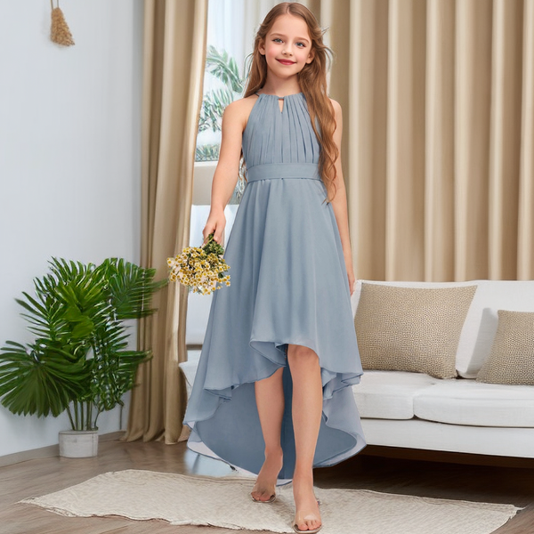 Asymmetrical Halter Sleeveless Chiffon Junior Bridesmaid Dress/Girls Birthday Dresses With Pleated/Belt Girls Gidiondress