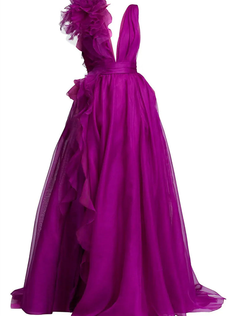 A-Line/Princess V-Neck Sleeveless Floor-length Long Formal Chiffon Evening Floar Dresses with Split Side/Cascading Ruffles/Belt BabaMila