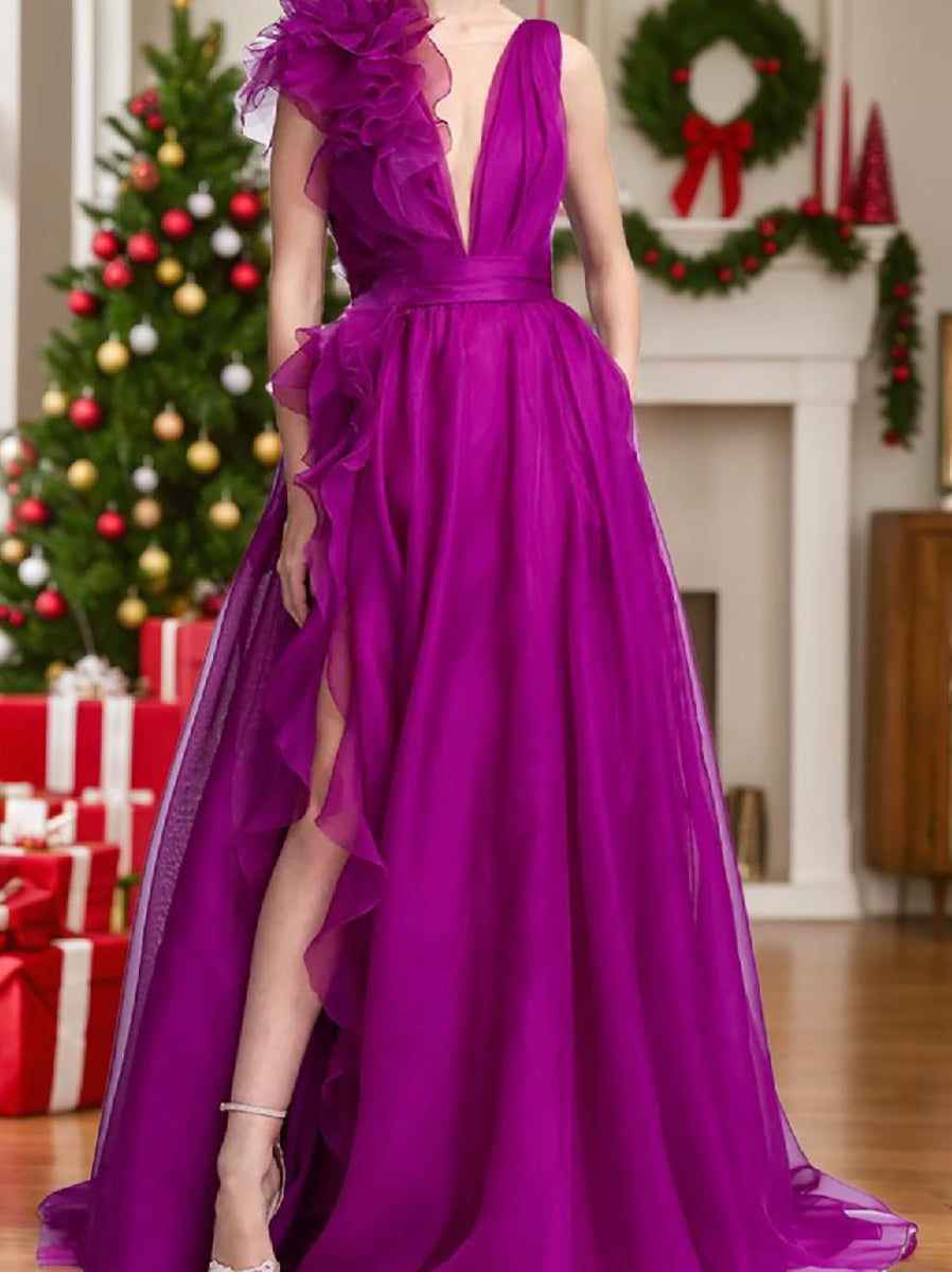 A-Line/Princess V-Neck Sleeveless Floor-length Long Formal Chiffon Evening Floar Dresses with Split Side/Cascading Ruffles/Belt BabaMila
