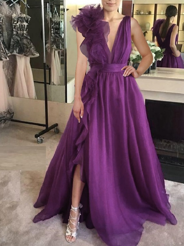 A-Line/Princess V-Neck Sleeveless Floor-length Long Formal Chiffon Evening Floar Dresses with Split Side/Cascading Ruffles/Belt BabaMila