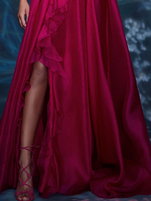 A-Line/Princess V-Neck Sleeveless Floor-length Long Formal Chiffon Evening Floar Dresses with Split Side/Cascading Ruffles/Belt BabaMila