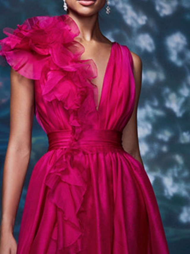 A-Line/Princess V-Neck Sleeveless Floor-length Long Formal Chiffon Evening Floar Dresses with Split Side/Cascading Ruffles/Belt BabaMila