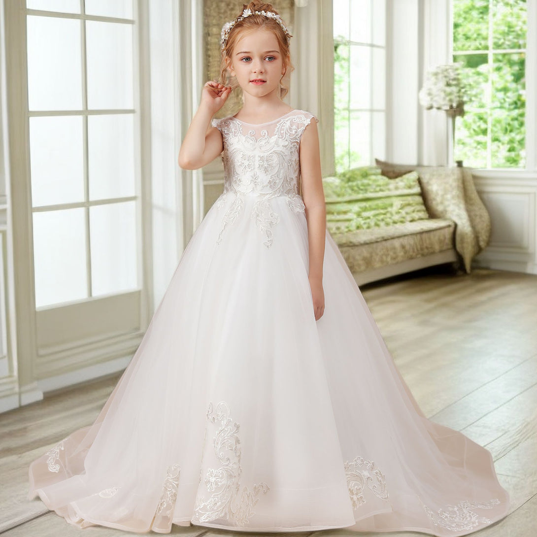 Ball Gown/Princess Sleeveless Scoop Neck Floor-Length Ivory Court Train Lace/Tulle Flower Girl Dresses/First Communion Dress With Applique Girls Gidiondress
