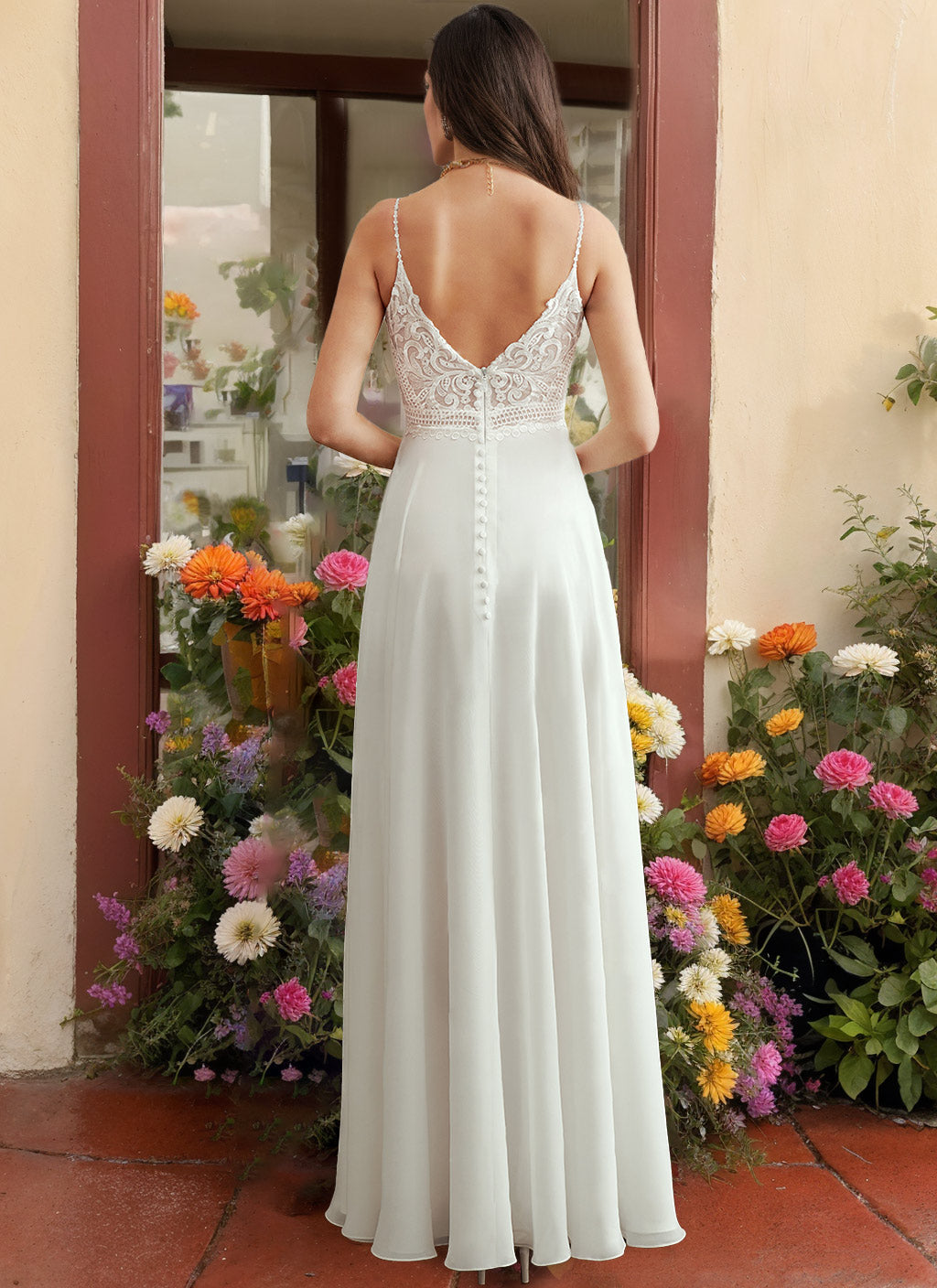 A-Line/Princess Spaghetti Straps V-Neck Sleeveless Wedding Dresses with Appliques & Split Side BabaMila