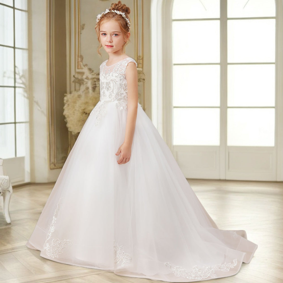 Ball Gown/Princess Sleeveless Scoop Neck Floor-Length Ivory Court Train Lace/Tulle Flower Girl Dresses/First Communion Dress With Applique Girls Gidiondress