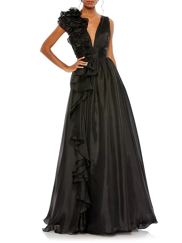 A-Line/Princess V-Neck Sleeveless Floor-length Long Formal Chiffon Evening Floar Dresses with Split Side/Cascading Ruffles/Belt BabaMila