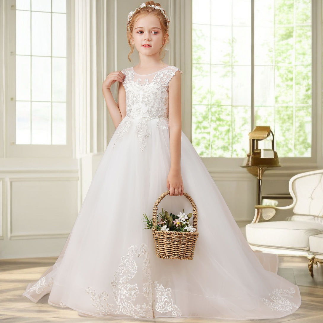 Ball Gown/Princess Sleeveless Scoop Neck Floor-Length Ivory Court Train Lace/Tulle Flower Girl Dresses/First Communion Dress With Applique Girls Gidiondress