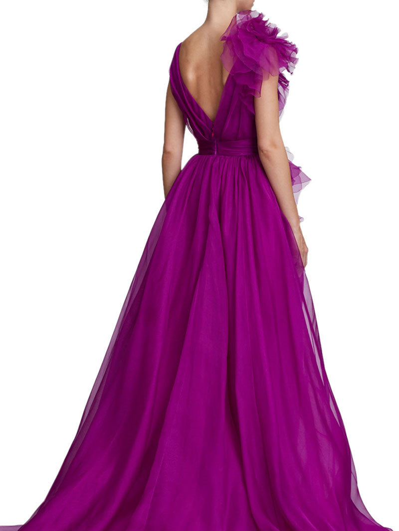 A-Line/Princess V-Neck Sleeveless Floor-length Long Formal Chiffon Evening Floar Dresses with Split Side/Cascading Ruffles/Belt BabaMila