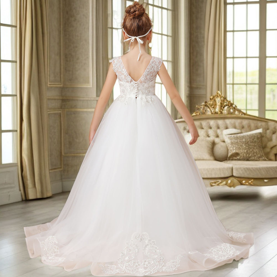Ball Gown/Princess Sleeveless Scoop Neck Floor-Length Ivory Court Train Lace/Tulle Flower Girl Dresses/First Communion Dress With Applique Girls Gidiondress