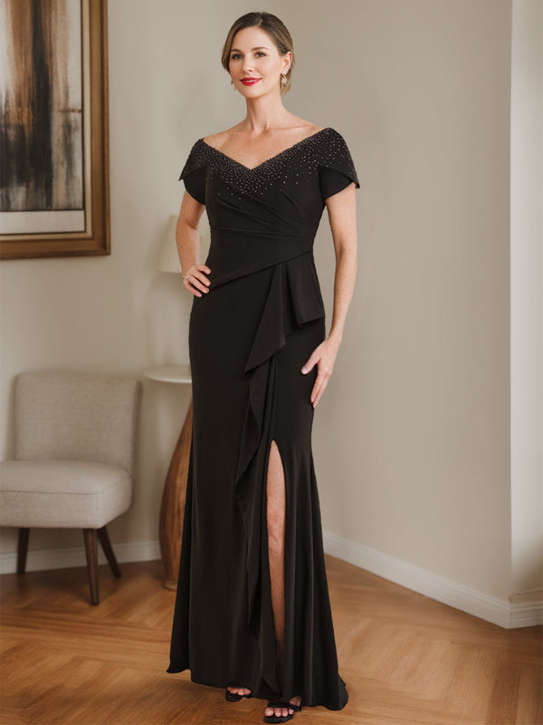 Sheath/Column V-Neck Mother Of The Bride Dresses With Beading & Split Side & Ruffles BabaMila