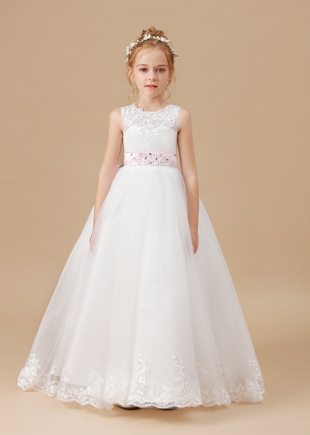 Ball Gown/Princess Sleeveless Scoop Neck Floor-Length Ivory Court Train Lace/Tulle/Satin Flower Girl Dresses/First Communion Dress With Applique and Beads Belt Girls Gidiondress