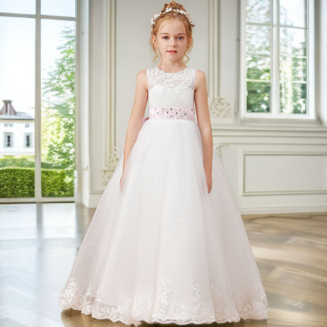 Ball Gown/Princess Sleeveless Scoop Neck Floor-Length Ivory Court Train Lace/Tulle/Satin Flower Girl Dresses/First Communion Dress With Applique and Beads Belt Girls Gidiondress