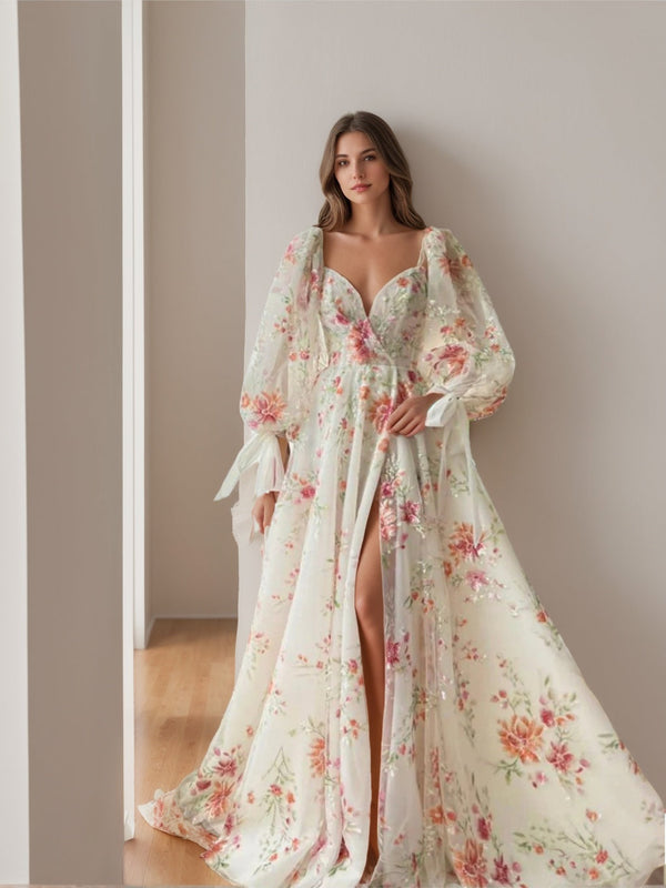 A-Line/Princess Sweetheart Neck Puff Sleeve Floor-Length Prom Dresses with Embroidery/Split Side BabaMila