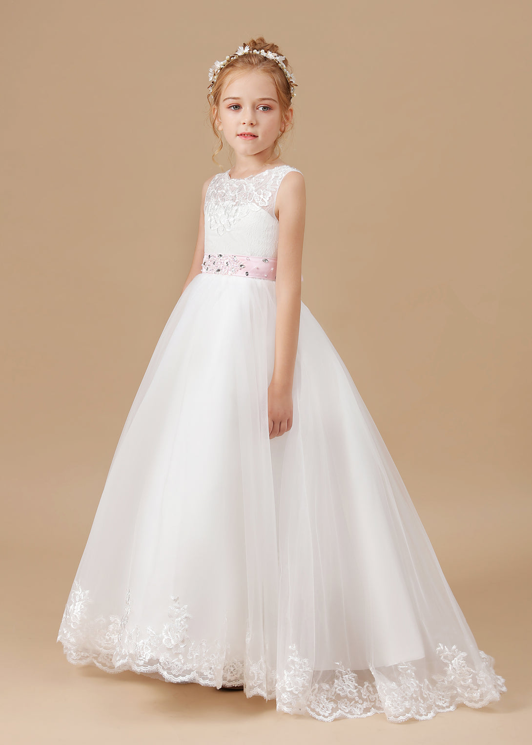 Ball Gown/Princess Sleeveless Scoop Neck Floor-Length Ivory Court Train Lace/Tulle/Satin Flower Girl Dresses/First Communion Dress With Applique and Beads Belt Girls Gidiondress