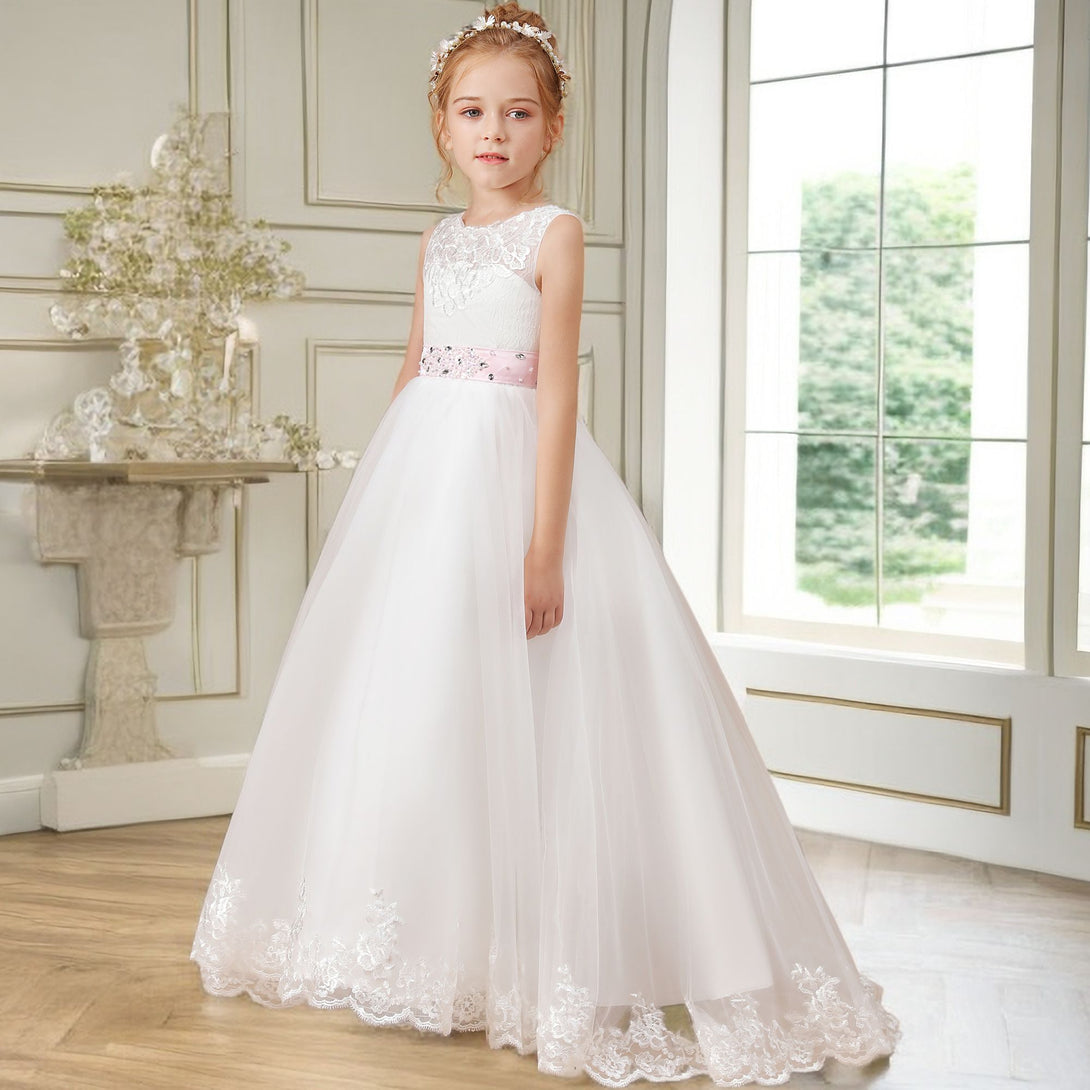 Ball Gown/Princess Sleeveless Scoop Neck Floor-Length Ivory Court Train Lace/Tulle/Satin Flower Girl Dresses/First Communion Dress With Applique and Beads Belt Girls Gidiondress