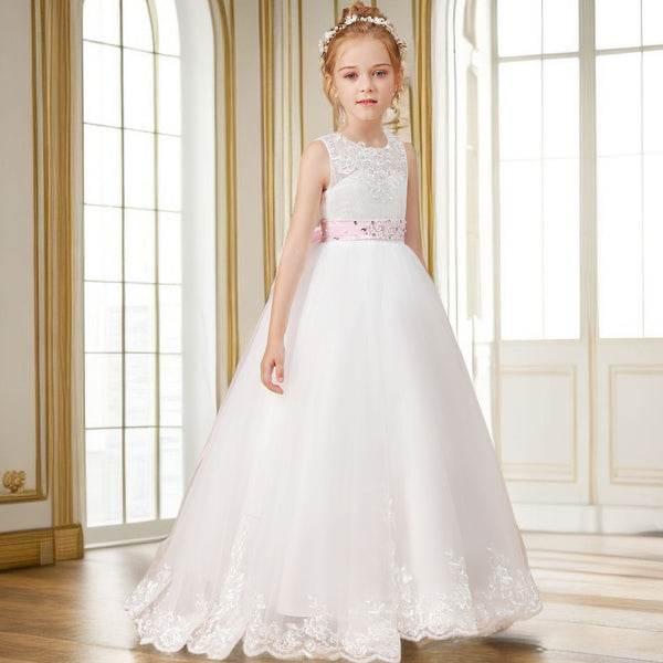 Ball Gown/Princess Sleeveless Scoop Neck Floor-Length Ivory Court Train Lace/Tulle/Satin Flower Girl Dresses/First Communion Dress With Applique and Beads Belt Girls Gidiondress