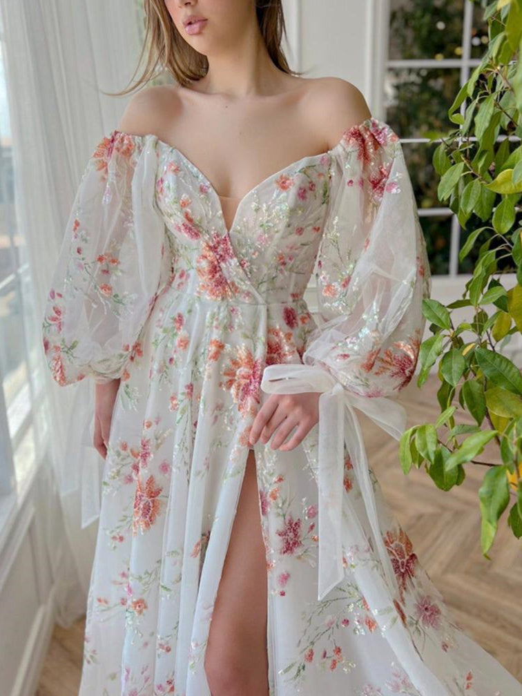 A-Line/Princess Sweetheart Neck Puff Sleeve Floor-Length Prom Dresses with Embroidery/Split Side BabaMila