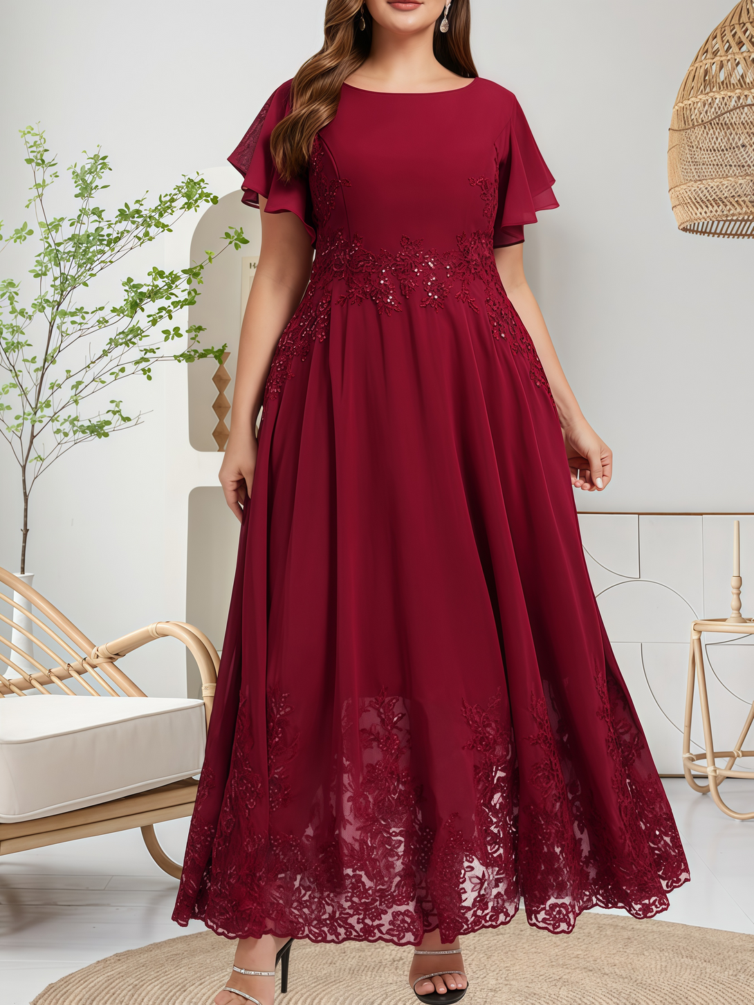 Boat Neck Flutter Straps Ankel-Length Chiffon/Lace Mother of the Bride Dress With Sequins/Appliques BabaMila