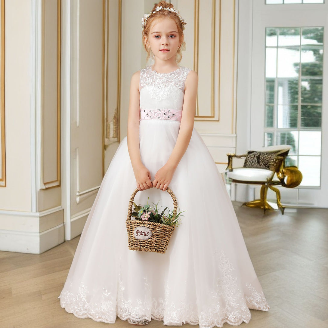 Ball Gown/Princess Sleeveless Scoop Neck Floor-Length Ivory Court Train Lace/Tulle/Satin Flower Girl Dresses/First Communion Dress With Applique and Beads Belt Girls Gidiondress