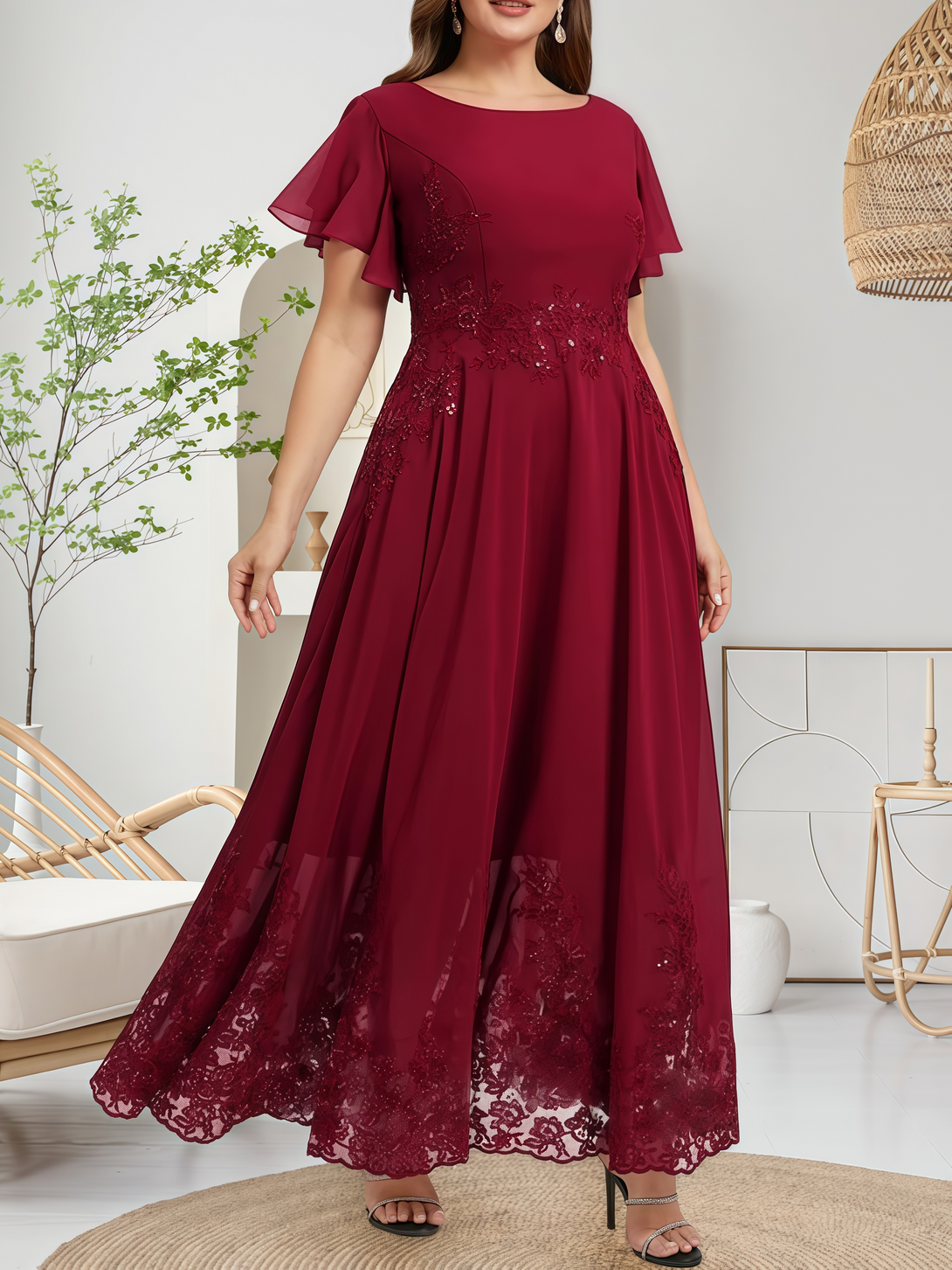 Boat Neck Flutter Straps Ankel-Length Chiffon/Lace Mother of the Bride Dress With Sequins/Appliques BabaMila