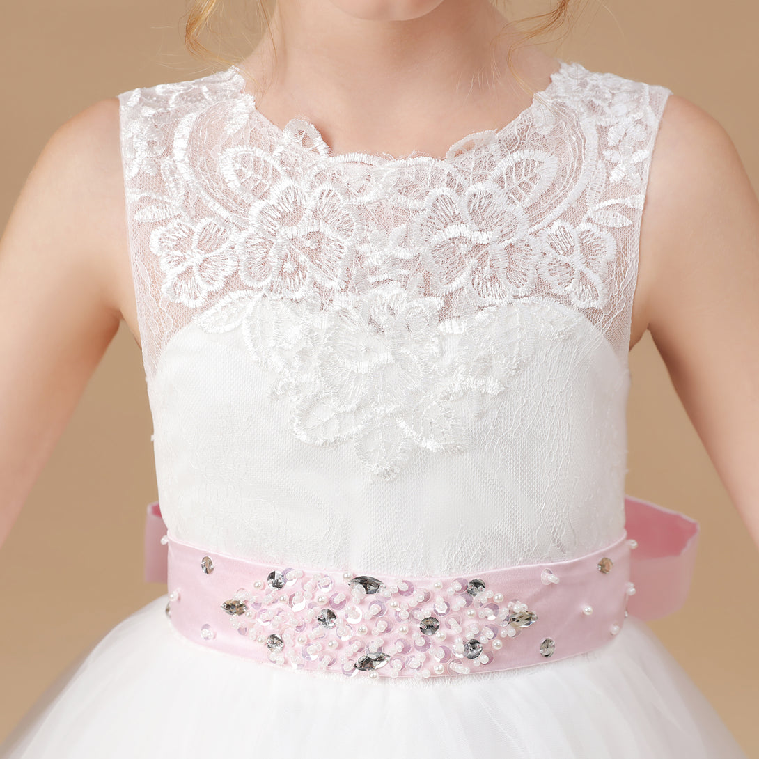 Ball Gown/Princess Sleeveless Scoop Neck Floor-Length Ivory Court Train Lace/Tulle/Satin Flower Girl Dresses/First Communion Dress With Applique and Beads Belt Girls Gidiondress