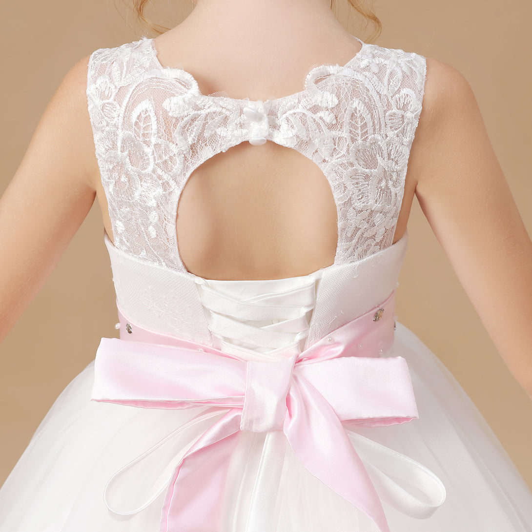 Ball Gown/Princess Sleeveless Scoop Neck Floor-Length Ivory Court Train Lace/Tulle/Satin Flower Girl Dresses/First Communion Dress With Applique and Beads Belt Girls Gidiondress