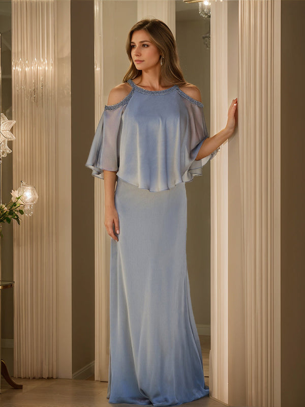 Sheath/Column Cowl Neck Half Sleeves Mother Of The Bride Dresses With Ruffles & Beadings BabaMila