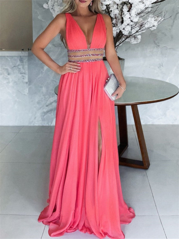 A-Line/Princess V-Neck Chiffon Sleeveless Floor-Length Split Side Evening Dresses With Beads BabaMila