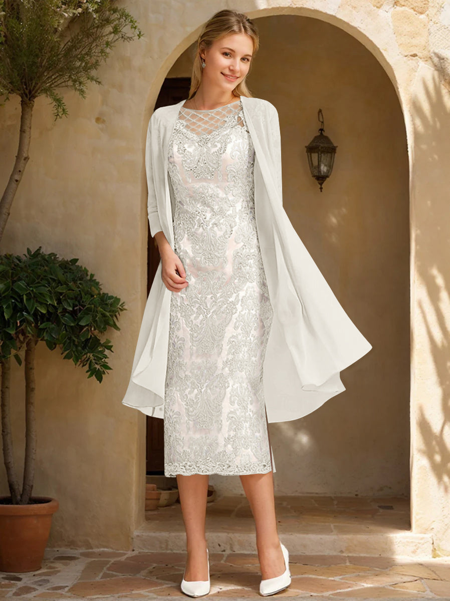 Two Pieces Sheath/Column Jewel Neck Mother Of The Bride & Groom Dresses With Lace Appliques & Beadings BabaMila