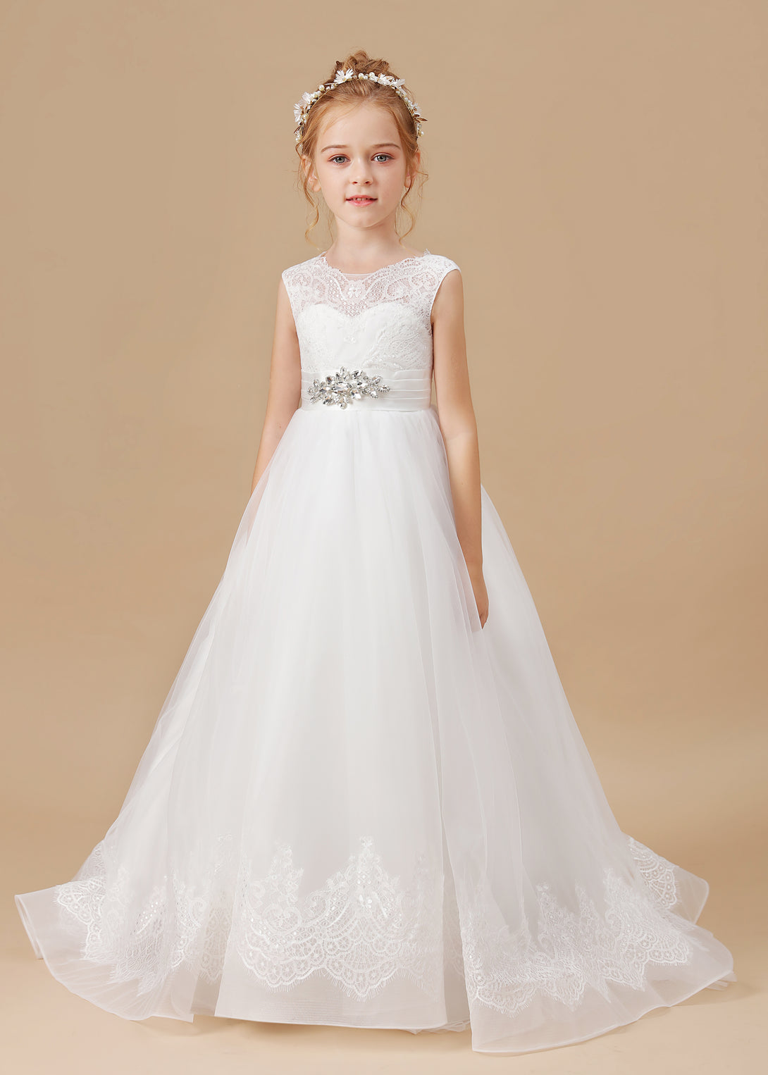 Ball Gown Sleeveless Scoop Neck Floor-Length Ivory Court Train Lace/Tulle/Satin Flower Girl Dresses/First Communion Dress With Applique Gidiondress