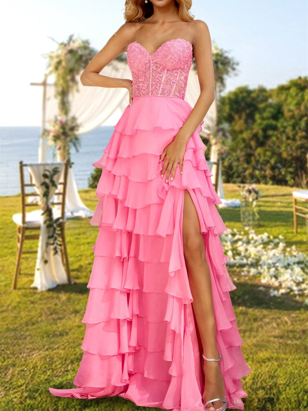 A-Line/Princess Sweetheart Neck Strapless Chiffon Long Prom Evening Party Dresses with Sequins/Split Side/Cascading Ruffles BabaMila