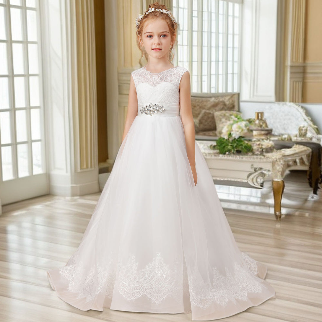 Ball Gown Sleeveless Scoop Neck Floor-Length Ivory Court Train Lace/Tulle/Satin Flower Girl Dresses/First Communion Dress With Applique Gidiondress
