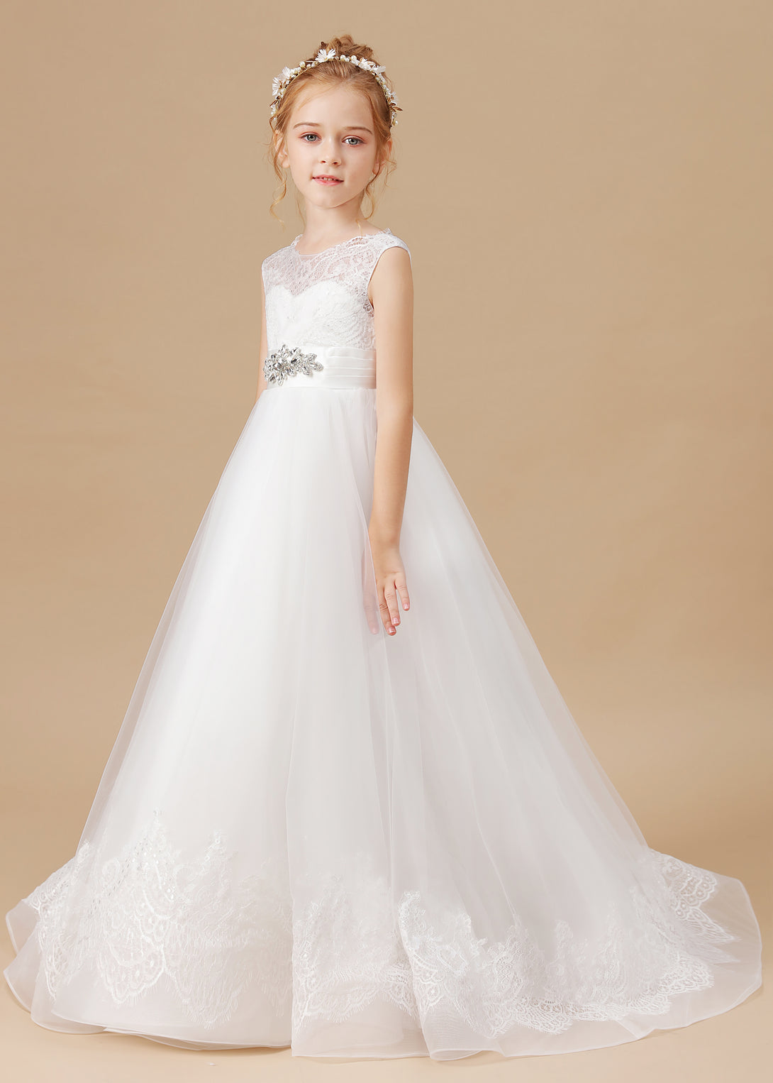 Ball Gown Sleeveless Scoop Neck Floor-Length Ivory Court Train Lace/Tulle/Satin Flower Girl Dresses/First Communion Dress With Applique Gidiondress