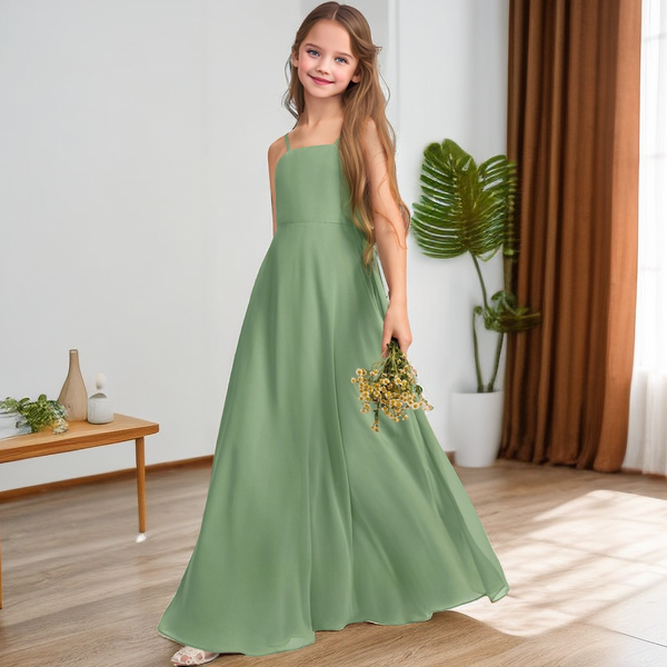Simple A-Line Square Neck Spaghetti Straps Floor length Chiffon Flower Girl Dresses/Girls Birthday Dresses With Belt Girls Gidiondress