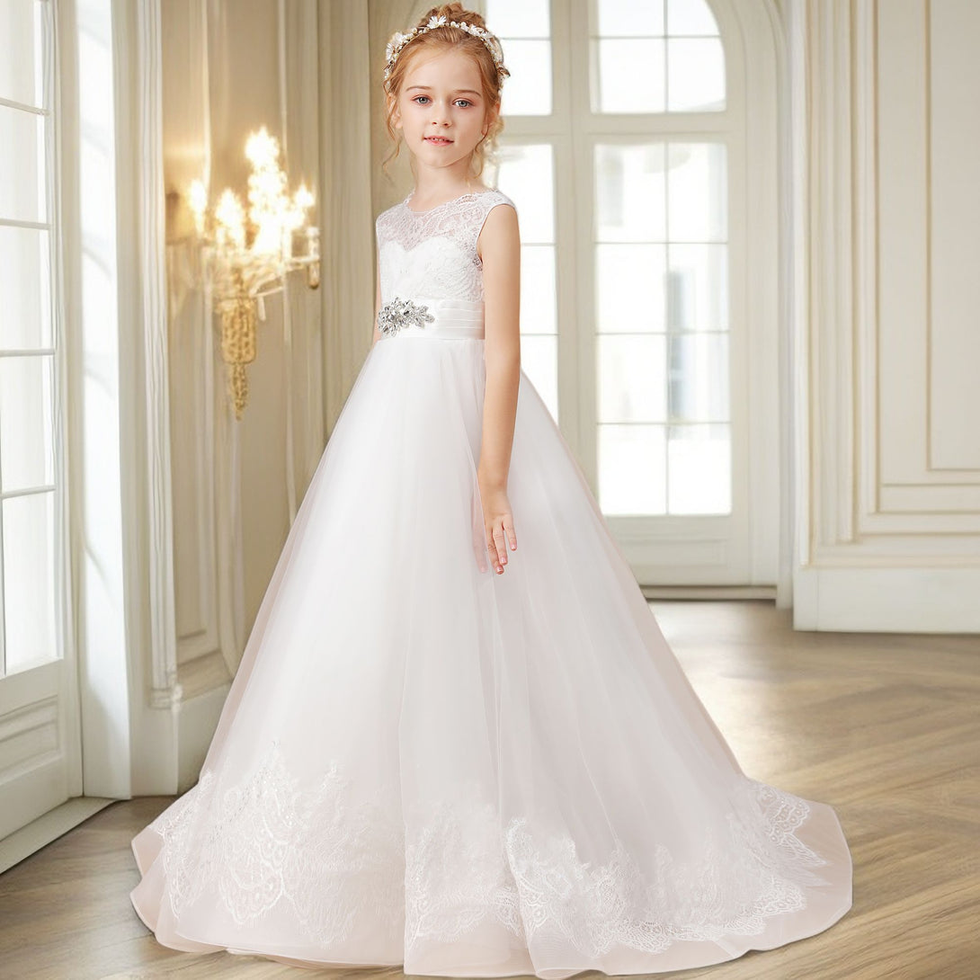Ball Gown Sleeveless Scoop Neck Floor-Length Ivory Court Train Lace/Tulle/Satin Flower Girl Dresses/First Communion Dress With Applique Gidiondress